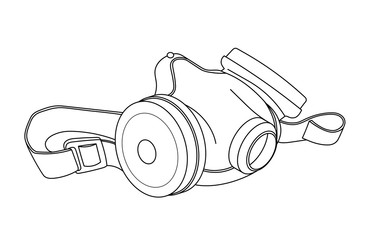 single industrial respirator with air filters, personal protective equipment, vector illustration with black contour lines isolated on a white background in cartoon and hand drawn style