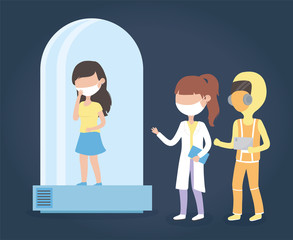 Obraz premium virus covid 19 quarantine, woman in quarantined tube and staff medical healthy