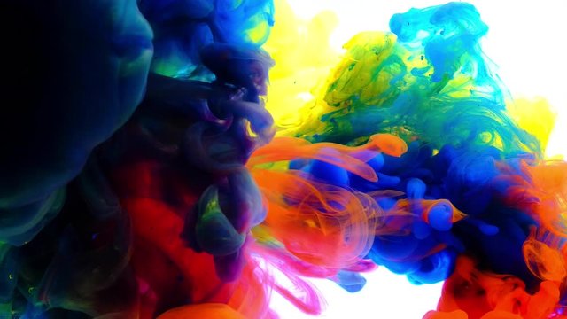  4K, Colorful drops in water, abstract color mix, drop of Ink color mix paint falling on water Colorful ink in water, 4K footage,
