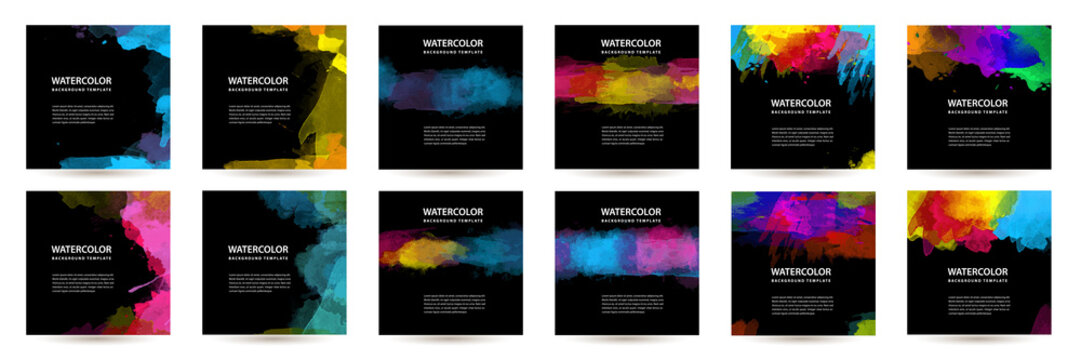 Big set of bright vector colorful watercolor on vertical black background for poster or flyer	