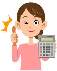 計算機を持ってサムズアップする女性