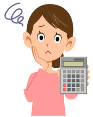 計算機を持って悩む女性