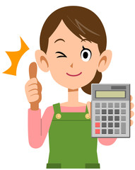 計算機を持ってサムズアップする女性