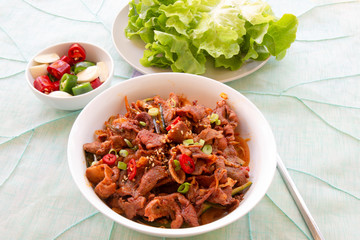 Stir fried with pork and vegetables sprinkle sesame seeds