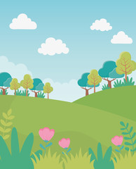 landscape hills trees flowers sky foliage nature greenery image