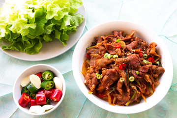 Stir fried with pork and vegetables sprinkle sesame seeds