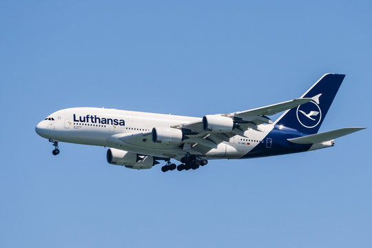 Aug 31, 2019 San Francisco / CA / USA - Lufthansa Airbus A380 aircraft preparing for landing; Deutsche Lufthansa AG, commonly known as Lufthansa, is the flag carrier and largest German airline