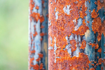 Rusty pole closeup with green blurred out background. Texture and wallpaper concept.