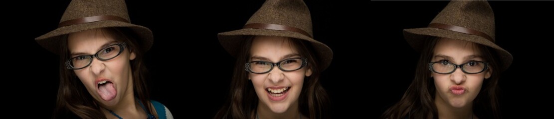 Twelve year old girl with fedora in a triptych on black background.