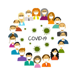 People wearing face masks, air pollution, contaminated air, world pollution. Group of business people wearing medical masks to prevent disease, flu, gas mask.