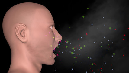 Man Releasing Germs , Viruses , Bacteria From Mouth. 3D rendering illustration