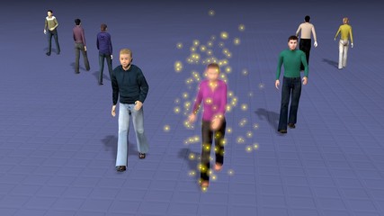 Fototapeta na wymiar Group of people walking. Infected woman spreads germs , disease to others. Glowing particles indicating viral contagion spreading among population . Pandemic, Epidemic theme. 3d rendering
