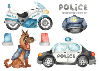 Watercolor set with police car, motorcycle, dog and flashing lights.