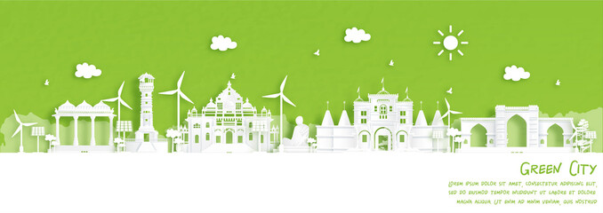 Green city of Ahmedabad, India Environment and ecology concept in paper cut style. Vector illustration.