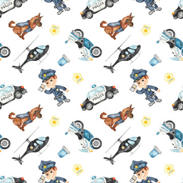 Watercolor seamless pattern with police vehicles, police officer and dog on a white background.