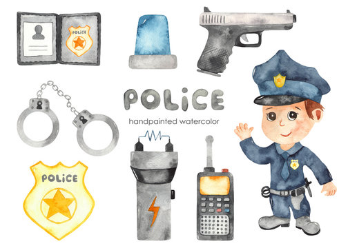 Watercolor set with police and police equipment