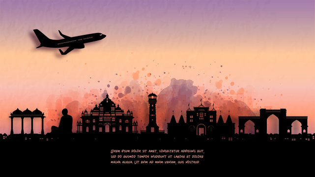 Watercolor Of Ahmedabad, India Silhouette Skyline And Famous Landmark. Vector Illustration.