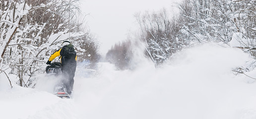 an athlete rides, drifts on a snowmobile on a snow-covered road against the background of a winter forest landscape