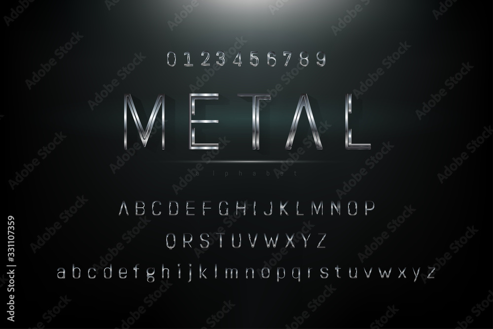 Fototapete shiny silver gray metalic theme alphabet font set with uppercase lowercase and numbers