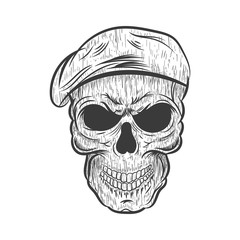 Vintage monochrome male skull with beard and mustache in panama hat isolated illustration