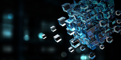 Floating shiny cube network . Mixed media