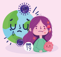 virus covid 19 pandemic, girl with thermometer and world