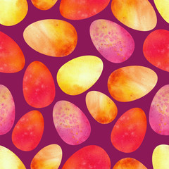 Colorful Easter eggs on a lilac background. Seamless patterns. Watercolor