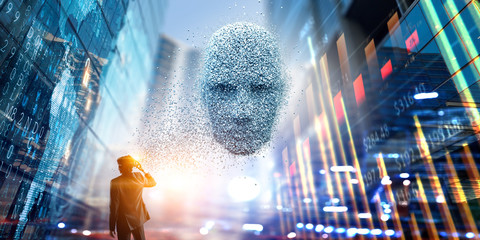 Digital head, artificial intelligence and virtual reality. Mixed media