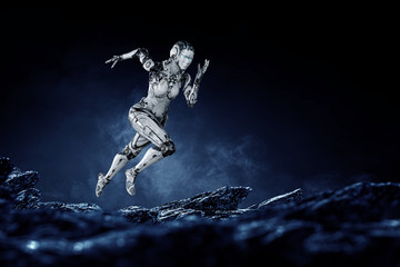 Fototapeta na wymiar Cyborg silver running woman. Mixed media