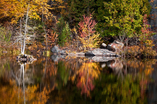 Autumn colors illuminated by the light of a setting sun are reflected in the calm surface of the Michigamme River near Crystal Falls in Michigan's Upper Peninsula.