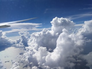 Fototapeta premium Dreamy Blue Sky Foamy Clouds Cotton Candy Wind Beneath My Wings Flying High Freedom
