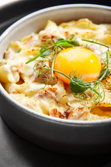 Baked carbonara closeup view