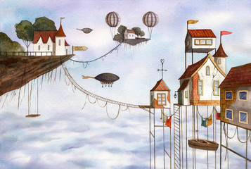 Watercolor magical houses (city, street) with clouds, sky, airballoons and flying islands. Hand drawn illustration.