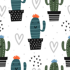 Joli motif avec dessin de cactus. Éléments drôles de jardin botanique dessinés à la main sans couture. Illustration vectorielle de dessin animé enfantin scandinave pour l& 39 impression textile de mode pour bébés, enfants et enfants.