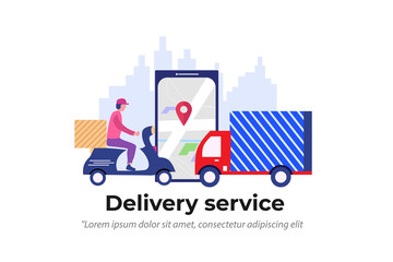 Fototapeta premium Online delivery service concept, online order tracking, vector illustration concept with scooter and smartphone for web landing page template, banner, and presentation.