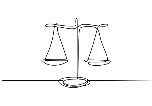 One Line Drawing Of Law Balance, Or Scale Icon, Symbol Of Court And Firm. Vector Illustration Continuous Hand Drawn Minimalism Design.