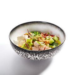 Couscous with chiken and avocado side view