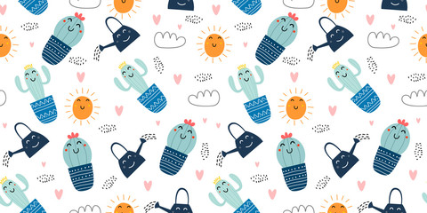 Cute cactus seamless pattern. Hand drawn vector illustration, funny botanical childish drawing. Cartoon scandinavian style for baby, kids, and children fashion textile ready to print.