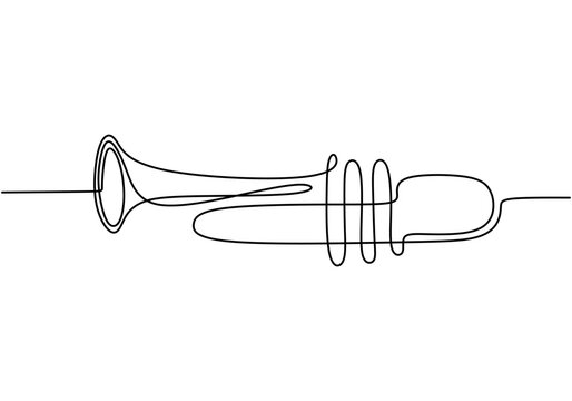 Trumpet one line drawing. Continuous single hand drawn minimalism, vector illustration classical jazz music instrument.