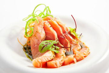 Tataki salmon closeup view