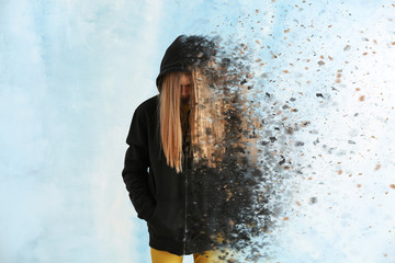 Depressed teenage girl on color background
