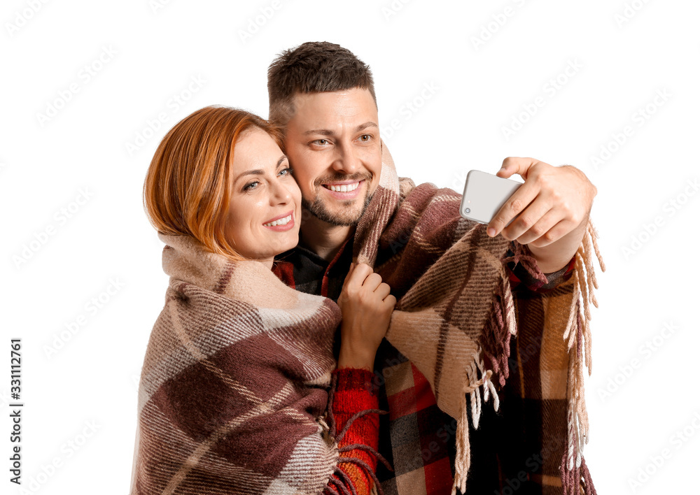 Poster Couple taking selfie on white background