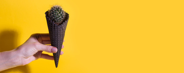 Contemporary art collage. Concept Cactus ice cream on bright yellow background. Minimal summer season banner, copy space, depilate hair remove creative idea of advertizing - obrazy, fototapety, plakaty