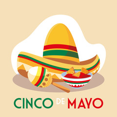 hat mexican and maracas with label cinco de mayo