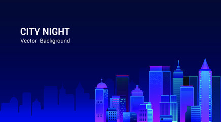 Obraz premium Night city panorama.Cityscape on a dark background with bright and glowing neon purple and blue lights. Wide highway side view. Cyberpunk and retro wave style Vector illustration.