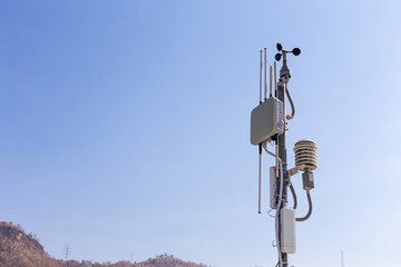 Communication towers and weather monitoring equipment at Srinakarin Dam, Kanchanaburi Province,...