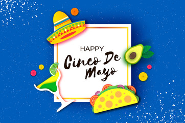 Fototapeta premium Happy Cinco de Mayo Banner. Sombrero hat, fan, tacos. Coctail. Mexico, Carnival. Square frame. Space for text Blue background