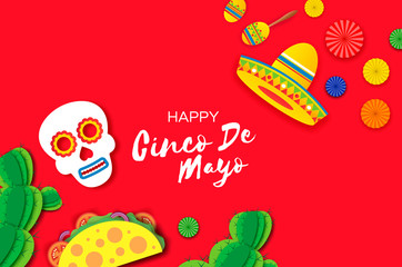 Cinco De Mayo Banner. Mexican skull and Tacos. Succlents and Maracas. Red background. Space for text.