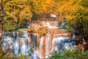 Landscape of Huai Mae Kamin waterfall Srinakarin Is a waterfall in the deep forest in autumn atmosphere at Kanchanaburi, Thailand.