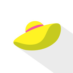Summer woman hat. Time to travel. Trip to World. Vacation. Yellow. Front view. Flat style.